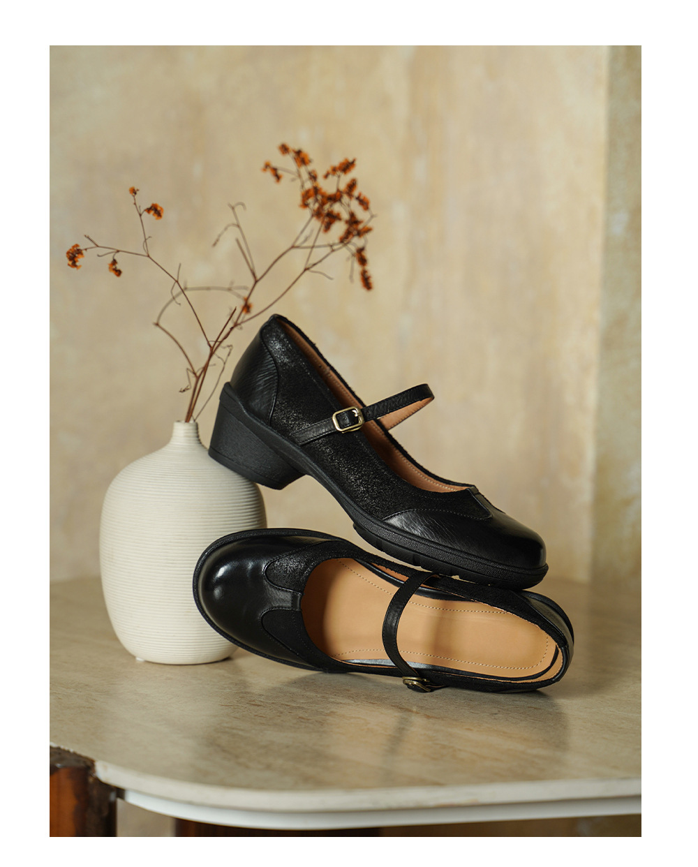 Giày Mary Jane nữ da bò mũi tròn đế mềm gót trung vintage phong cách JK Anh — đen chi tiết 15