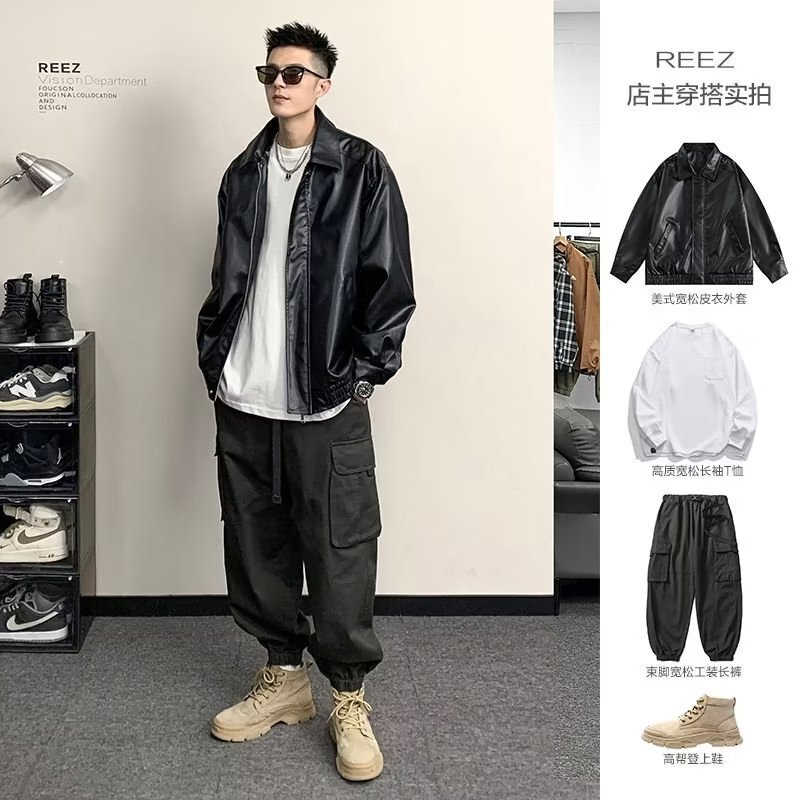 Leather Jacket Men's Spring and Autumn American Retro Fashionable Casual suit Pupai Shuai Fried Arcade Car Clothing Pupai Leather Jacket Men