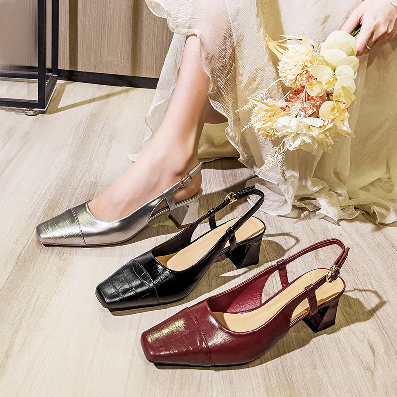 Summer Women's New Arrival French High Heel Sandals with High Heels with High Heel Toe Women's Thick Heel Square Toe Middle Heel Single-layer Shoes with Open Heel