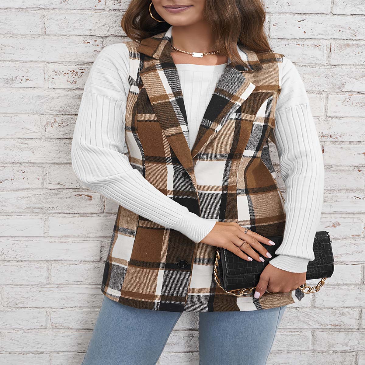 Amazon primavera, otoño e invierno transfronteriza Top de las mujeres de moda europea y americana traje de solapa de las mujeres chaleco abrigo a cuadros