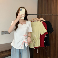 Qingshi リアルショット 2025 夏服 大きいサイズ レディース フレンチ イレギュラー巾着 トップス スクエアカラー 右肩半袖 Tシャツ 64008