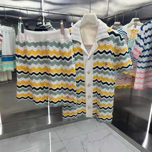 Casa European and American Trendy New Short-Sleeve Knit Wool Shirt Jacquard Ripple Unisex in Stock