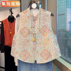 品质保证双面穿减龄中年女真丝新中式提花气质马夹盘扣马甲坎肩春