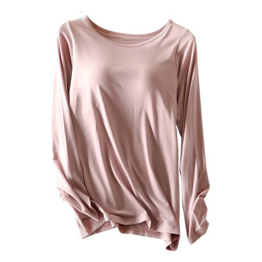 Modal with Chest Pad Women's Long Sleeve Summer Non-Bra Thin Round Neck Top Home Clothes Outer Wear Solid Color Pajamas
