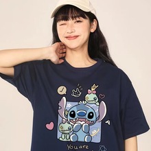 纯棉后包领 夏季新款卡通印花史迪仔圆领短袖T恤男女款宽松上衣