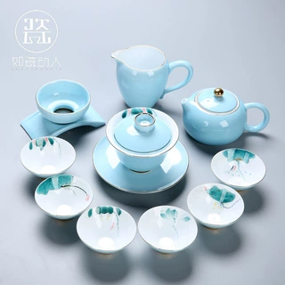 德化白瓷手绘功夫茶具套装家用简约陶瓷盖碗泡茶壶整套喝茶杯高档