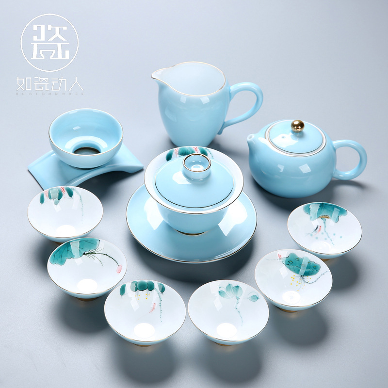 德化白瓷手绘功夫茶具套装家用简约陶瓷盖碗泡茶壶整套喝茶杯高档