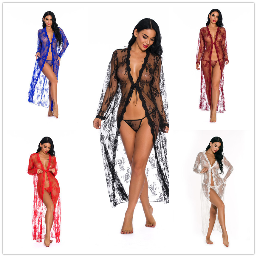 Long-sleeved lace lingerie dress with a flowing, flared skirt; sexy, see-through sleepwear from Europe and America; sourced from Amazon and Lazada.