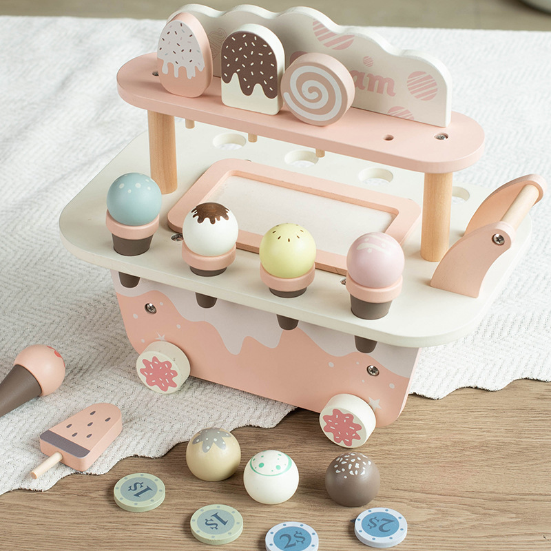 helado de madera vendedor de niños caseros juguetes de puzzle bebés simulación helado aristocrático danés coche de helado