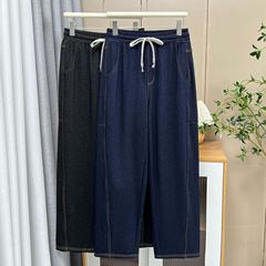 【特】大码女装秋季200斤胖MM休闲遮肉抽绳松紧腰牛仔直筒裤8404