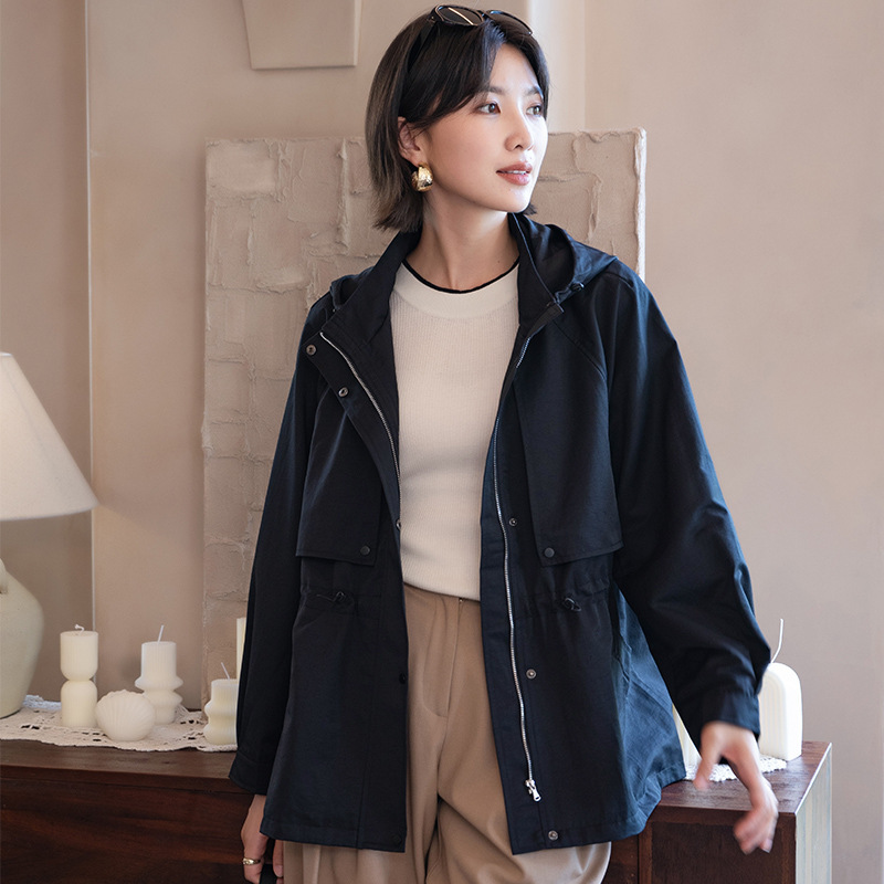Yun Yun Mid-Length Windbreaker Work Clothing Casual Fashion Hooded Windbreaker Pure Color Zipper Elegant Loose Thin Jacket