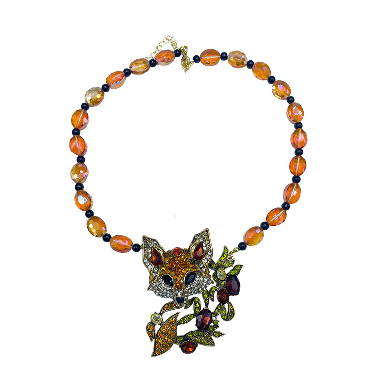 Exaggerated Diamond Studded Personalized Necklace, Three-dimensional Unique Crystal Neck Decoration, Cute Little Fox Sweater Chain Accessories_voghion.com