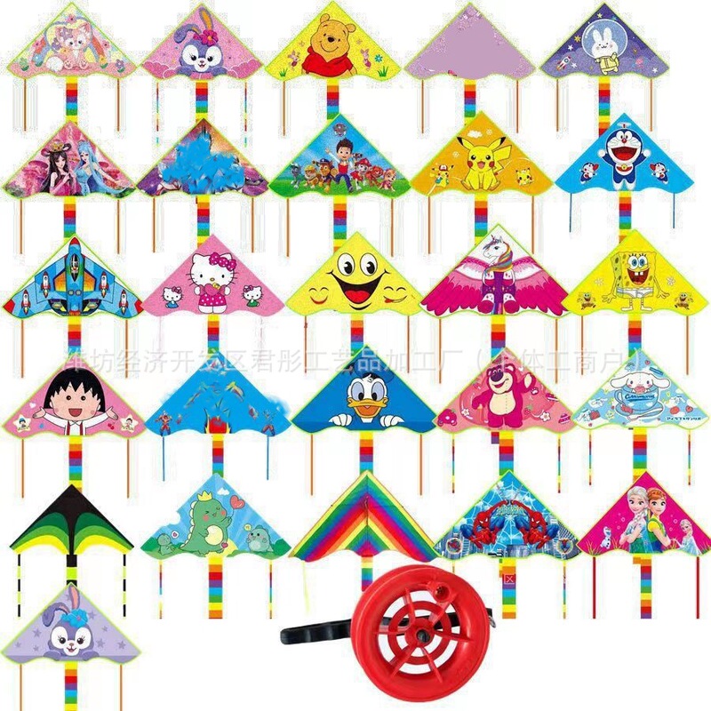 Weifang kite wholesale new cartoon children's kite plaid cloth hot printing breeze easy flying curved triangle kite