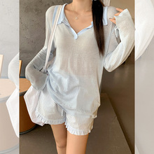 韩系蓝色POLO翻领正肩设计感防晒罩衫女夏季新款宽松长袖T恤上衣