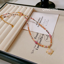 法式复古甜美粉色天然石米珠手工串珠项链女小众高级感锁骨链颈链