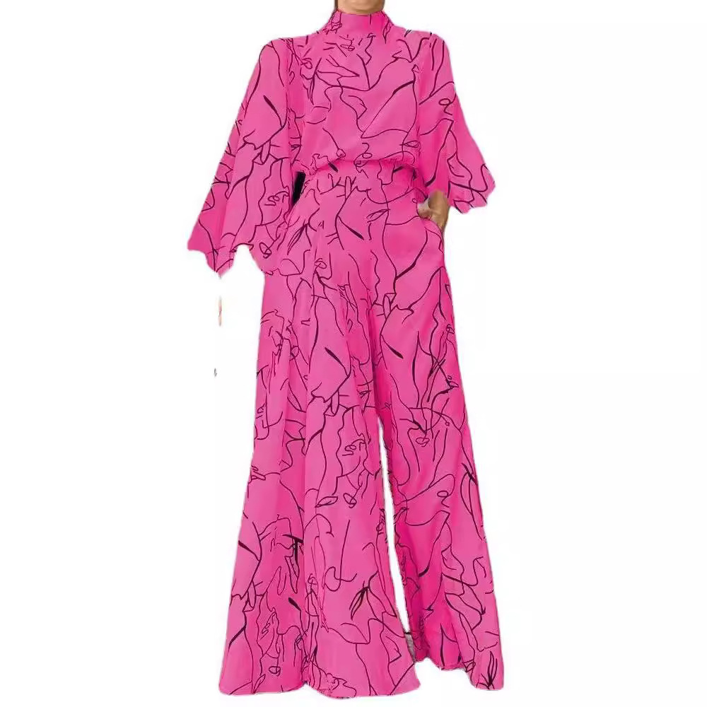 2022 verano europeo y americano ropa de mujer Amazon elegante cintura con cordones de manga larga Halter pantalones impresos mono