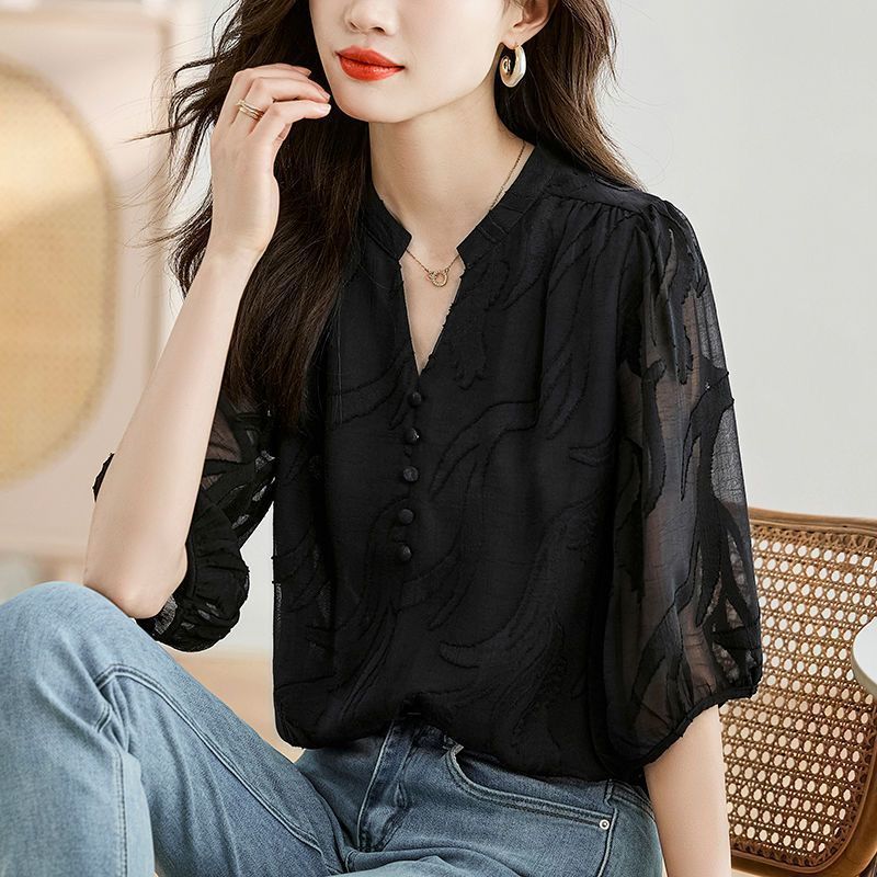 Thin black shiffon summer fashionable shirt