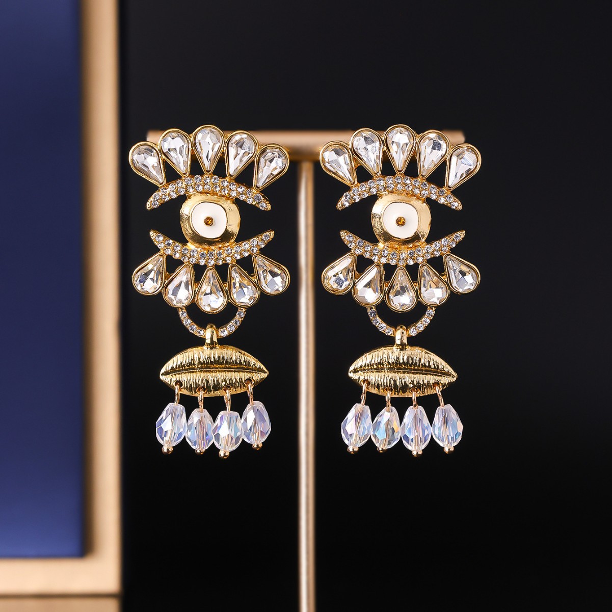 Vintage Devil Eye Clip Earrings With Diamond Water Drop Tassels_voghion.com