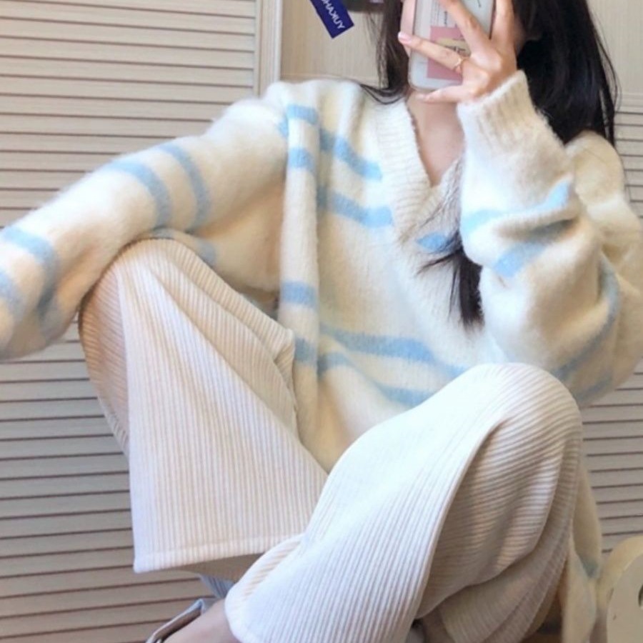 马海毛软糯领毛衣女秋冬2023新款慵懒宽松撞色外穿针织上衣加厚