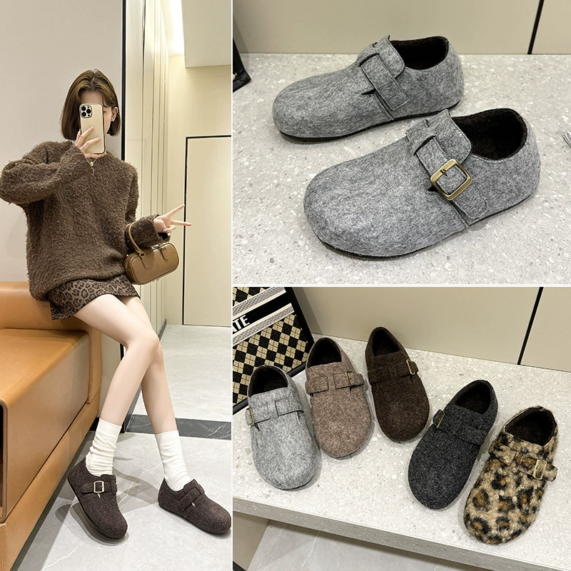 Толстая подошва плюс бархатная теплая меховая обувь женская наружная одежда 2024 осень и зима новая педаль ретро ботинки Buckenn