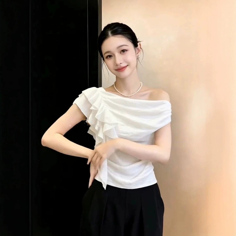 Unique and Beautiful White Ribbon Blouse for Women, Summer Lotus Leaf Lace Short-Sleeve T-Shirt, New Style Top