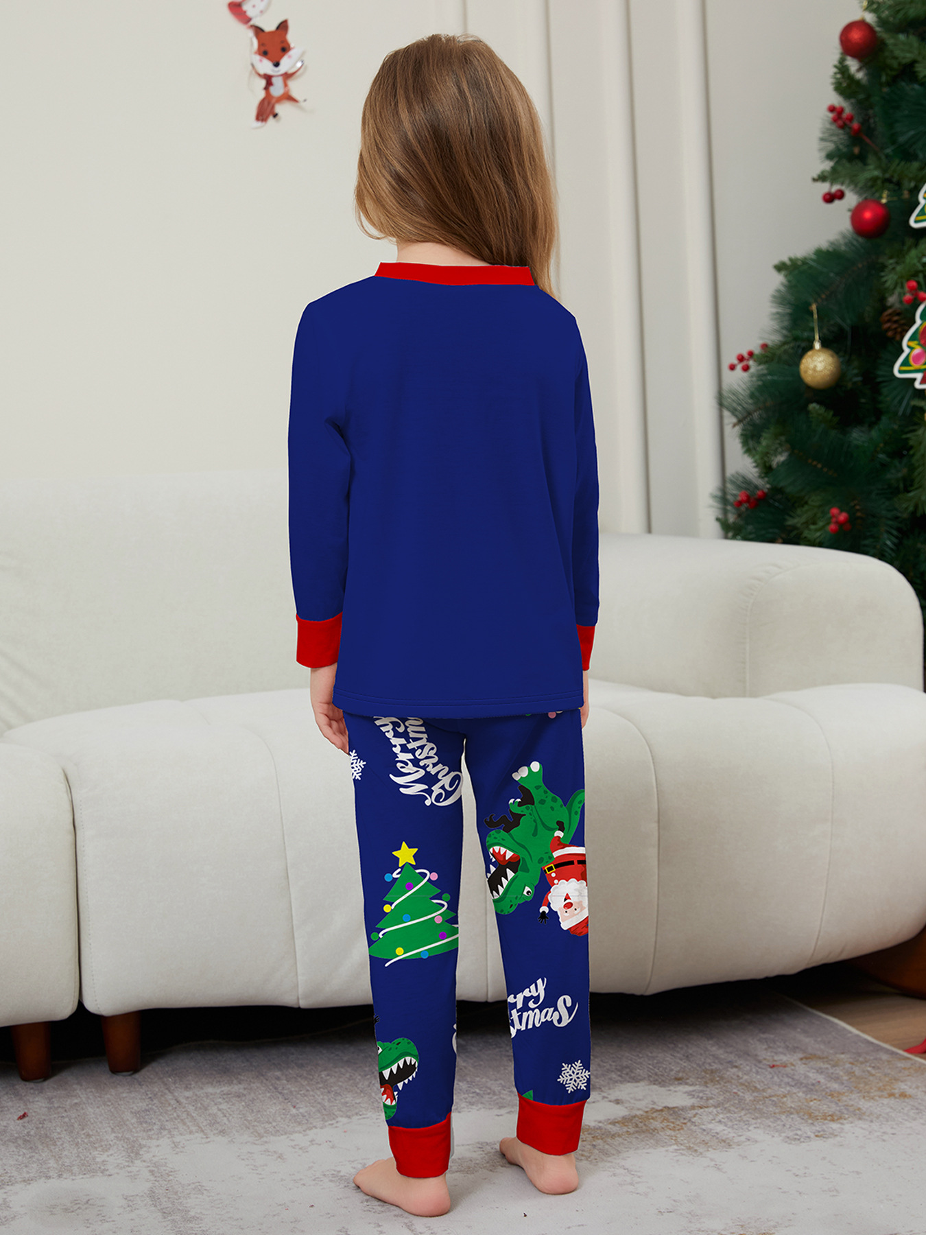 Božićna kućna odjeća Obiteljska odjeća Zelena pidžama s printom dinosaura Djeda Mraza Plavo odijelo_voghion.com