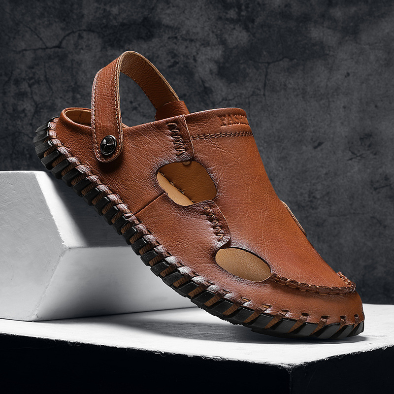 Sandalias transfronterizas más tamaño sandalias de los hombres verano nuevo al aire libre suave inferior casual estilo cerrado toe zapatos de piel de vaca de los hombres para la entrega