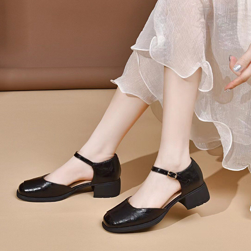 Dép sandal nữ da thật mũi vuông retro quai ngang đế xuồng — Màu nâu