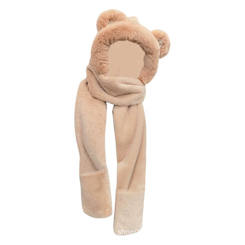 Женская шапка с медведем, осенне-зимняя универсальная новинка 2024 года, шарф с капюшоном интернет-знаменитостей, перчатки, универсальный велосипедный теплый шарф на шею