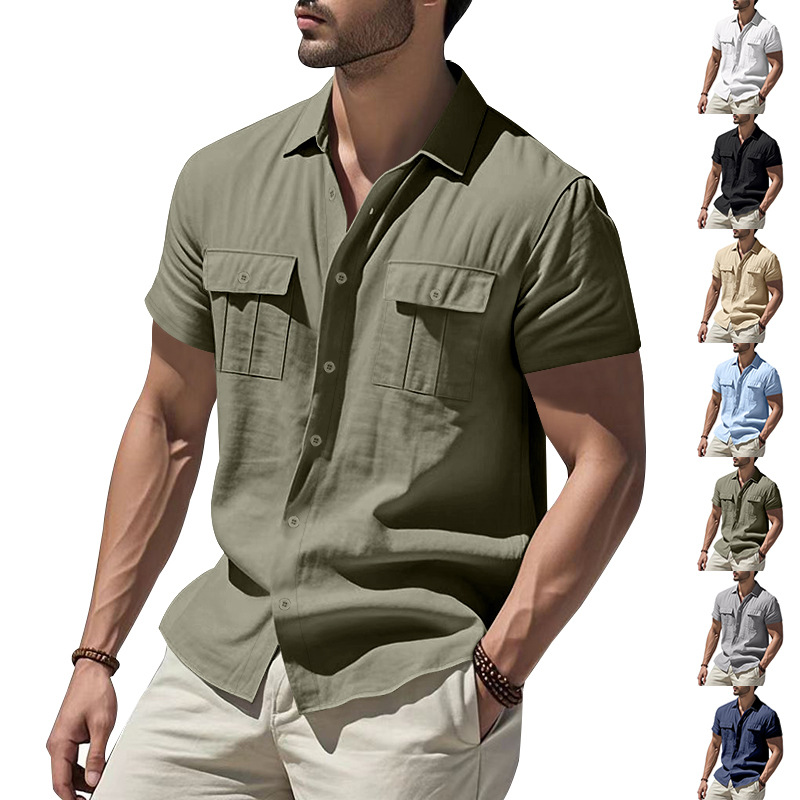 Cross-Border Amazon Summer Men's Casual Solid Color Patchwork Linen Cardigan Short-Sleeved Loose Lapel Linen Shirt for Men