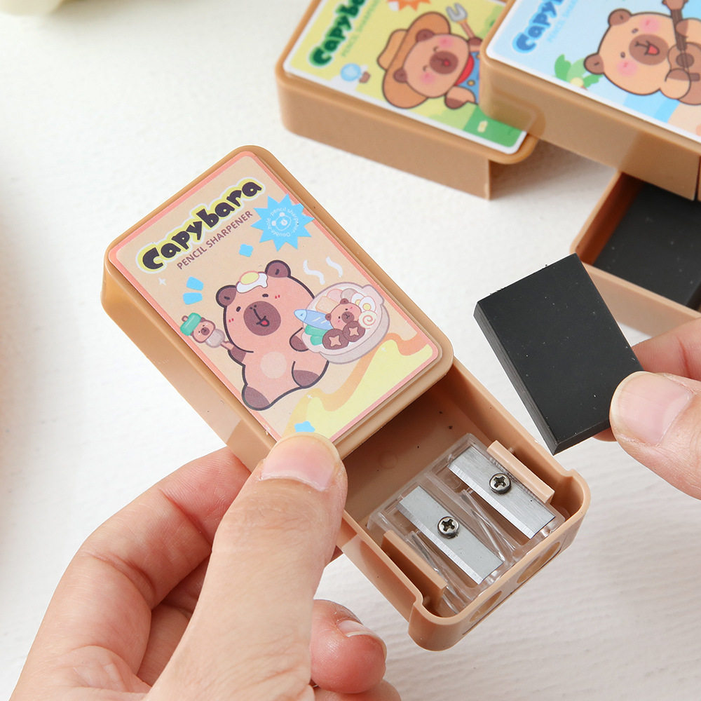 Capibala de doble agujero cuchillo de lápiz dibujos animados dibujo de lápiz cuchillo de transferencia de alto valor facial para estudiantes de primaria artículos de papelería