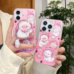 ピンクのイヤホン猫マグネットホルダーはiPhone16リンゴ15ProMax携帯ケース14少女13に適用されている