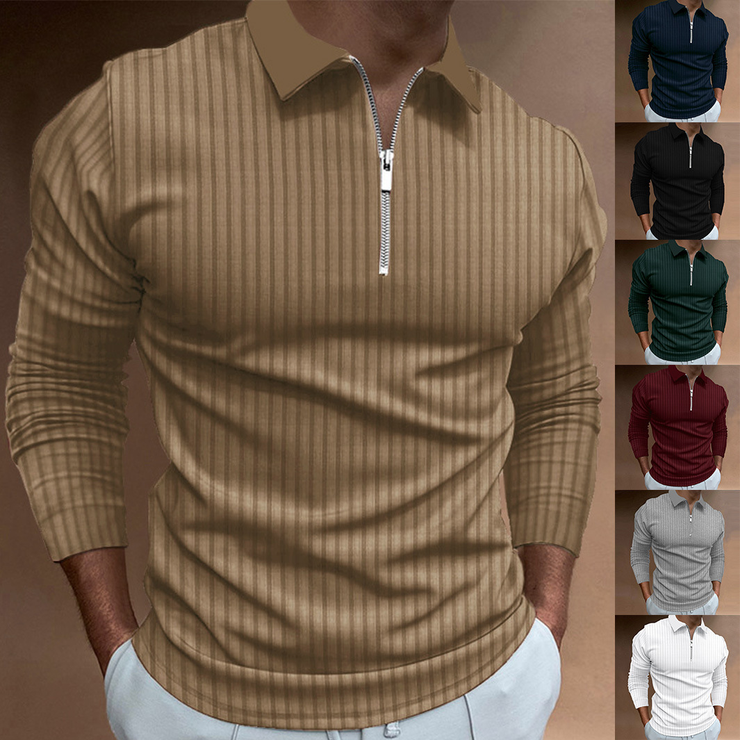 Nuevo transfronterizo de otoño para hombres europeos y estadounidenses deportivo acondicionamiento físico casual de collar vertical elástico tiras verticales con cremallera de manga larga camisa polo