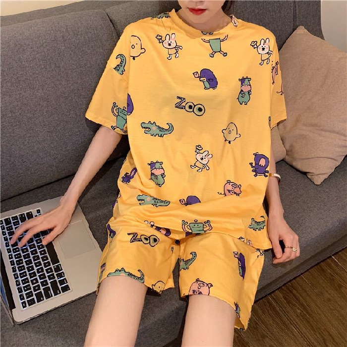 Crewneck Pullover Pajamas Women's Summer Korean-style Short-sleeved Thin Cartoon Crocodile Cute Girl Student Outwear Home Clothes