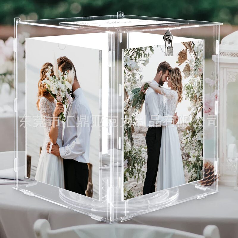 Custom Clear Acrylic with Lock Slot Card Photo Frame Modern Rotatable Wedding Envelope Mailing Money Gift Box Holder Custom Clear Acrylic with Lock Slot Card Photo Frame Modern Rotatable Wedding Envelope Mailing Money Gift Box Holder