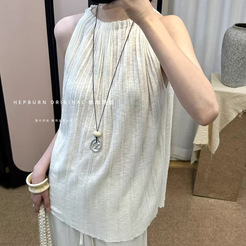 クロスボーダーヘップバーンプリーツホルターネックトップ女性の夏フレンチデザインニッチ気質ルーズノースリーブベスト痩身|undefined