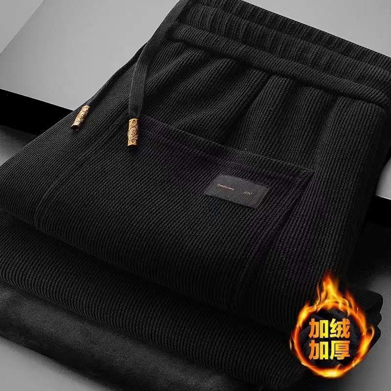 2025 pantalones casuales de terciopelo más pantalones casuales de invierno para hombres calentados y sueltos de tamaño recto de cintura elástica tendencia pantalones largos