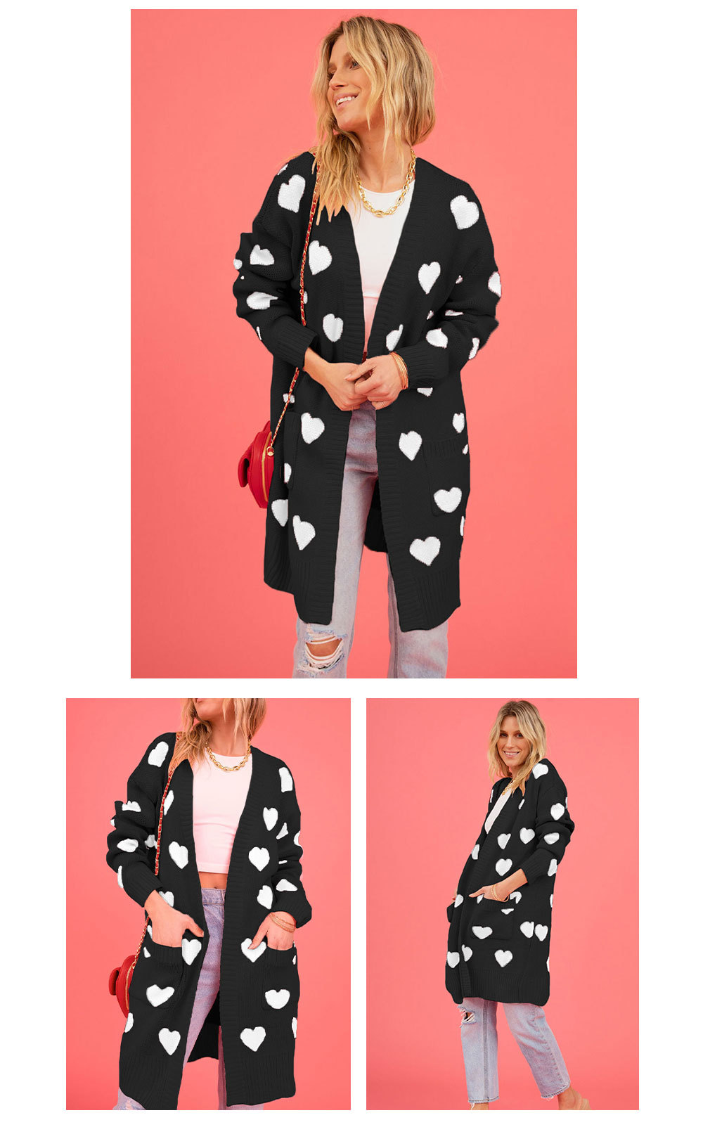Long Top Length Cardigan Tops Type Daily, Street Occasion Collarless Neckline Loose Fit Type Wholesale Women's Streetwear Heart Shape Long Sleeve Jacquard Sweaters & Cardigans