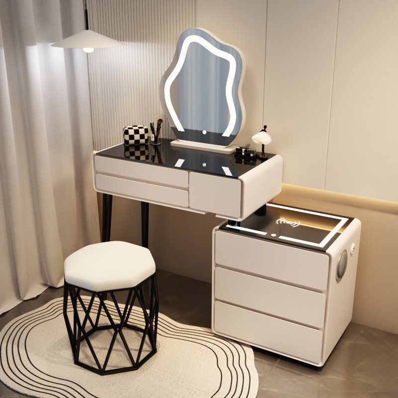 화이트 3단 서랍 스마트 모델 - 올 원목 80 테이블 + 캐비닛 + 구름거울 + 새둥지 스툴