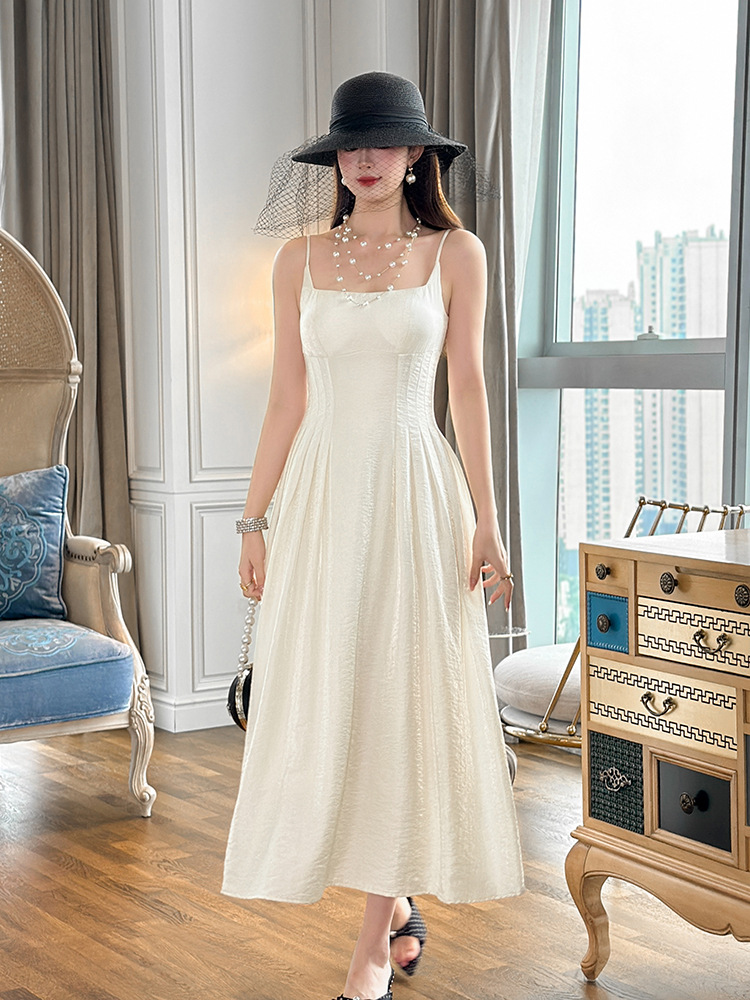 Đầm suông nữ midi thắt eo kiểu Pháp tay dây — mơ