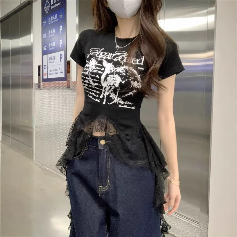 アメリカンホットガールレースステッチ裾半袖Tシャツレディース夏スリムショートスリムプリント不規則トップ|undefined