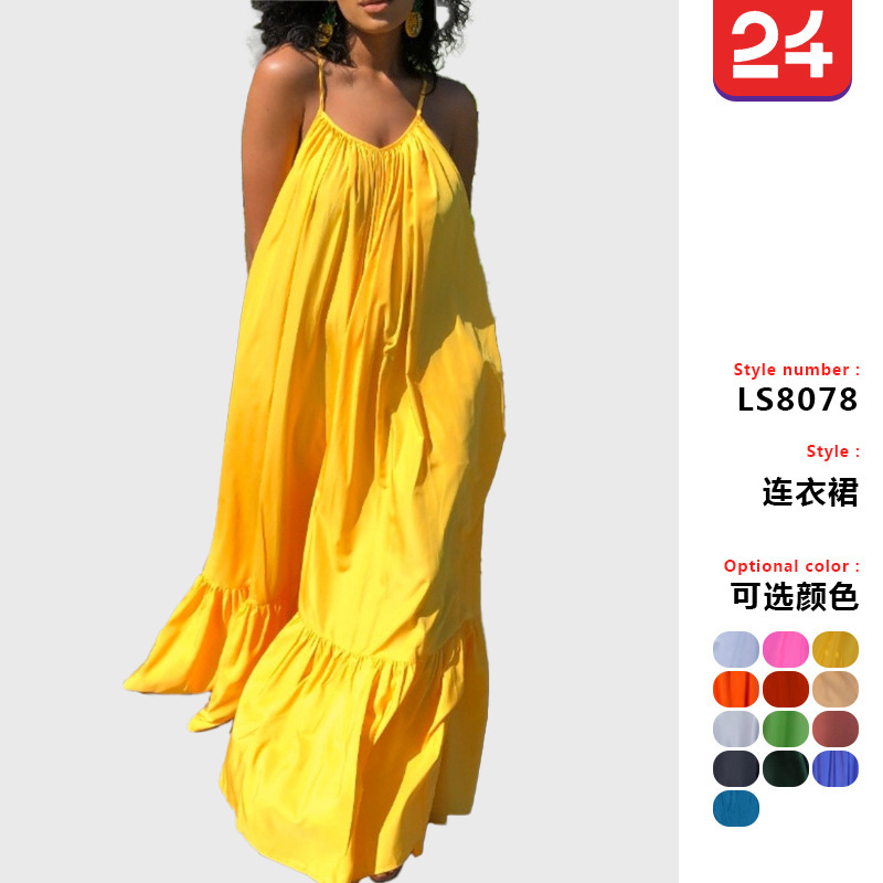 Spot 8078 Maternity Beach Dress Amazon European and American Sexy Suspender Sleeveless Color Long Full Swing Dress for Women