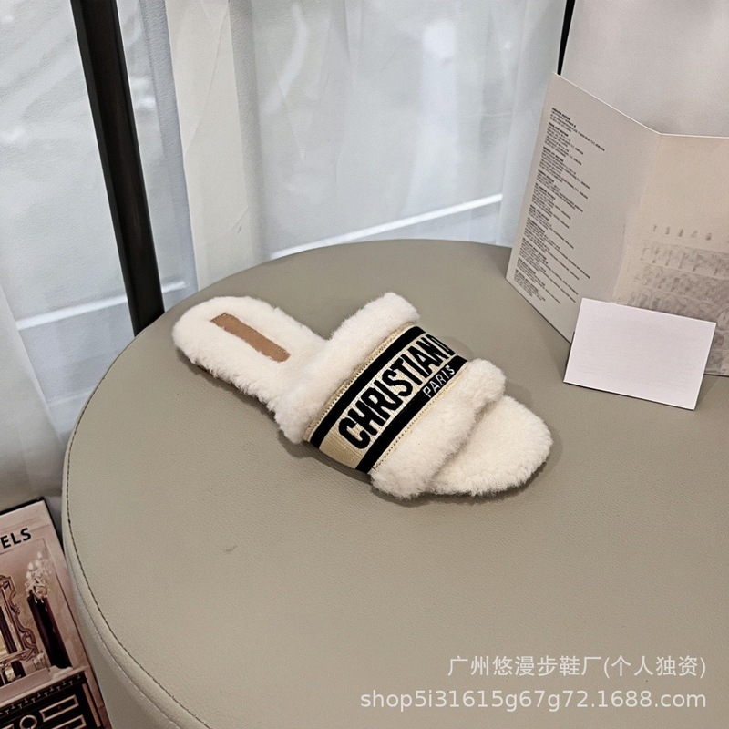 2025年秋冬新款平底羊羔毛拖鞋女外穿刺绣字母保暖百搭休闲毛毛拖|undefined
