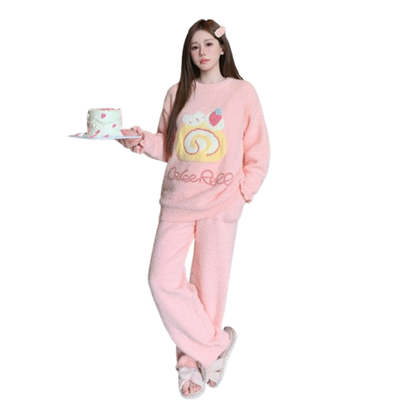 日系甜美荷叶袖睡衣女冬季加厚保暖半边绒少女家居服套装可外穿|undefined