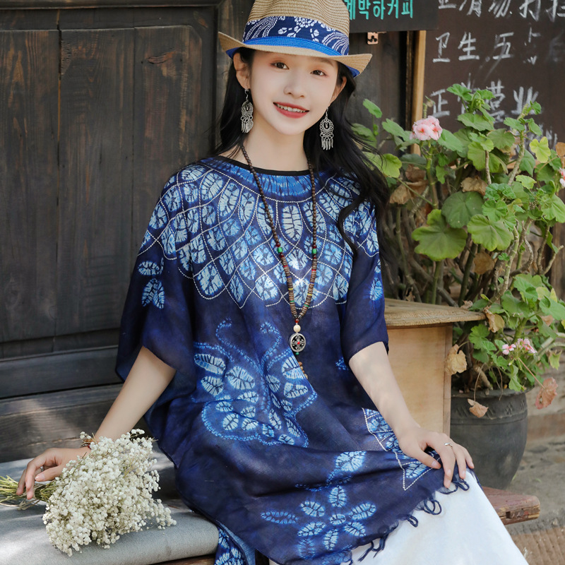 2023 nuevo estilo étnico retro Viaje nuevo chal de protección solar teñido de algodón fino y lino siente borla bufanda para mujeres