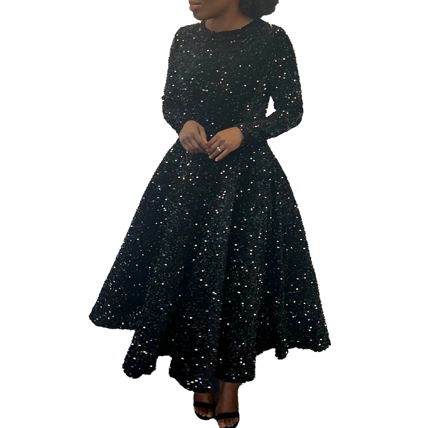 Women's Swing Dress Party Dress Elegant Classic Style Round Neck Sequins Long Sleeve Solid Color Midi Dress Banquet Evening Party display picture 21