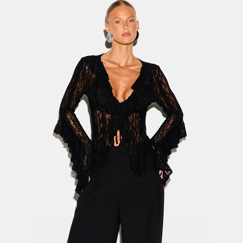 European and American cross-border bestseller V-neck ruffled lace top with tie straps, bell sleeves, sheer, sexy long-sleeve blouse