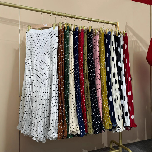 Multicolor Summer Korean Snow Silk Fashion High-Waist Slimming Pleated Polka Dot Medium-Length Skirt for Women