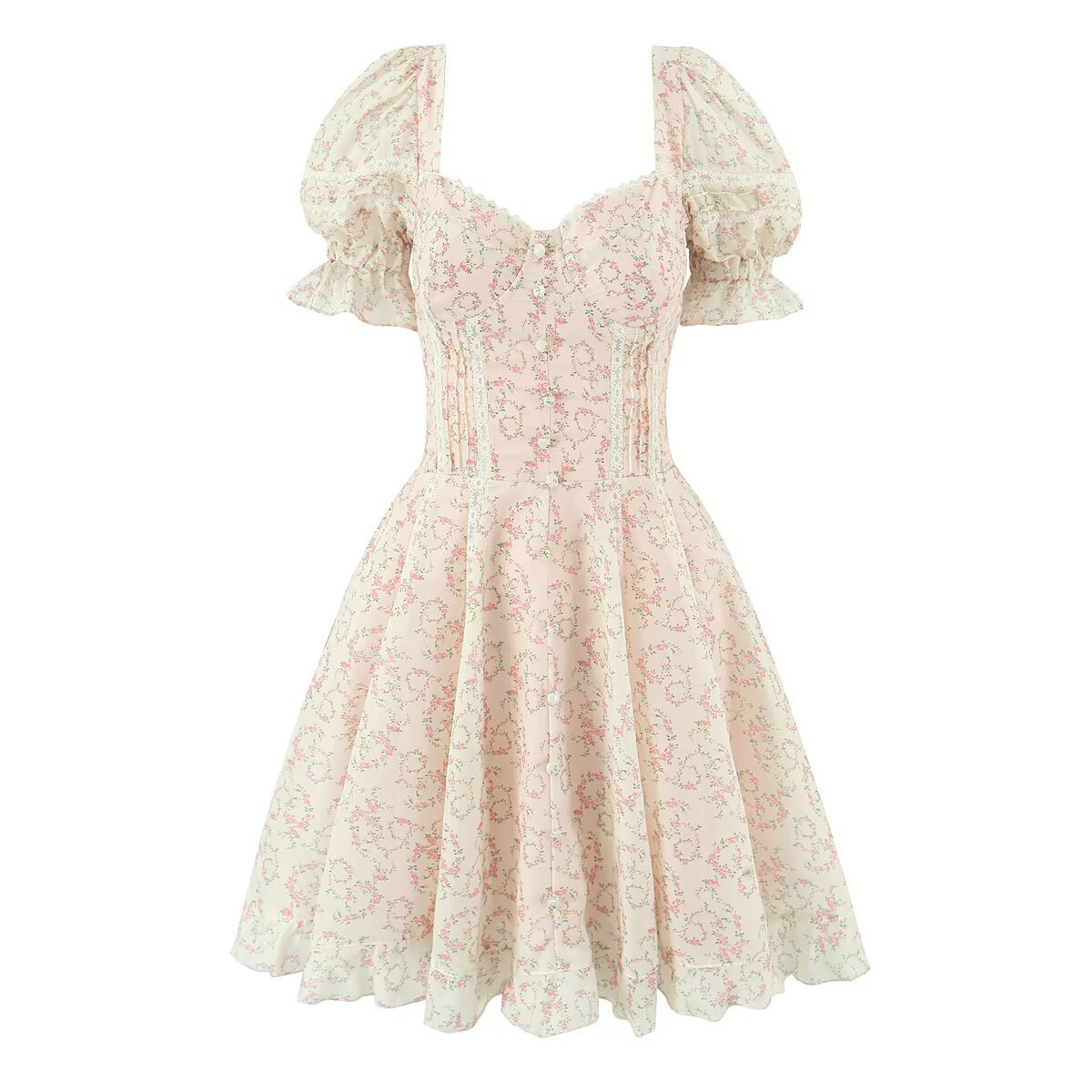 2025 New Sweet Printed Chic Lace Spliced Short Princess Dress French V Neck Sexy Backless Mini Skirt