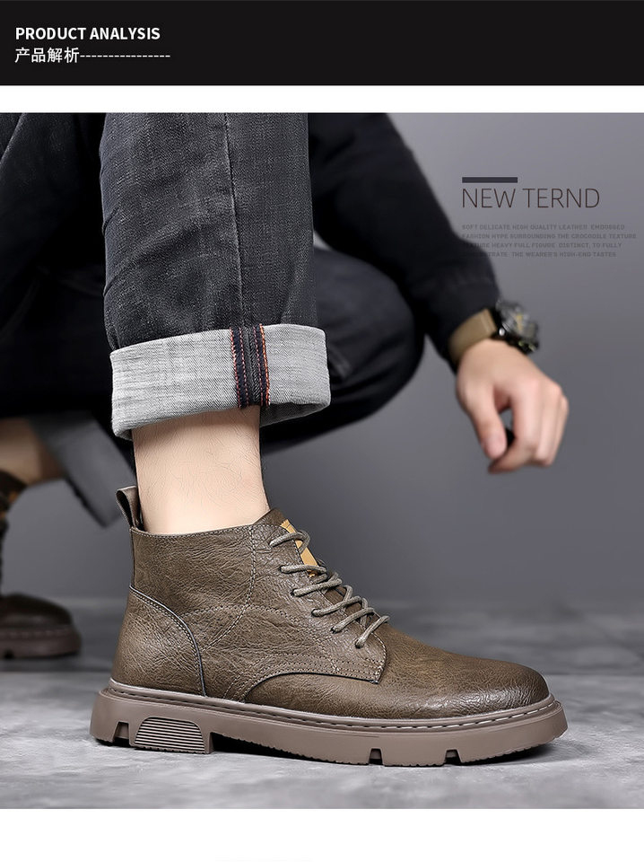 Giày bốt Martin nam da bò hai lớp cổ vừa gót thấp buộc dây — Màu kaki, Màu đen chi tiết 16